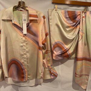 Jonathan Simkhai 2 Piece Seafoam Marble Print blouse (M) and skirt w/ sash (10)